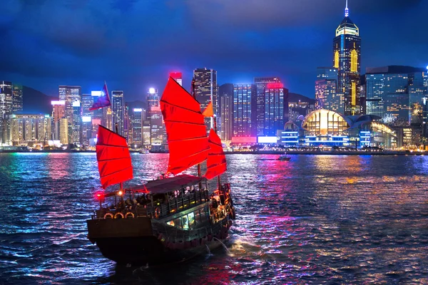 Hong kong night with junk ship