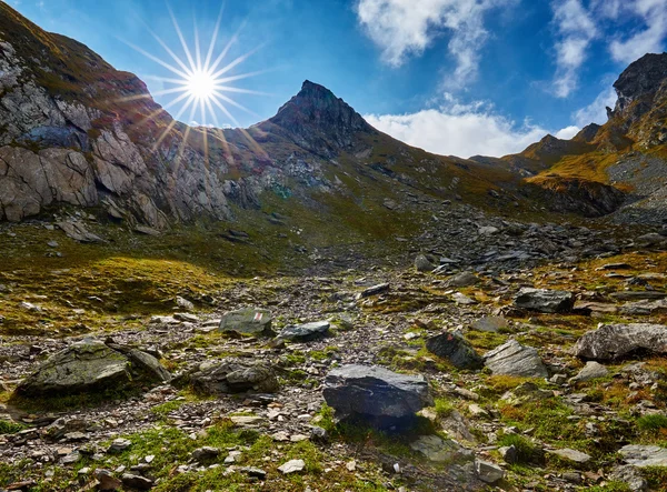 Sun with rays over a valley