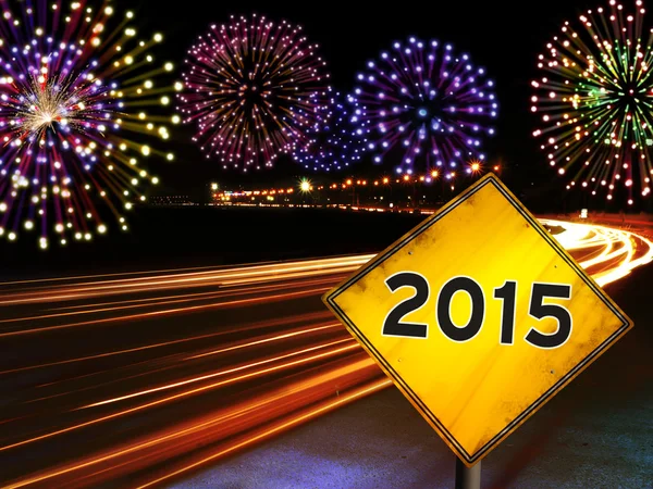 Happy New Year 2015 fireworks city cars highway