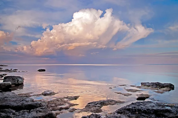 Sea morning sky with pink clouds scattered light reflections surface water, Crimea, Ukraine