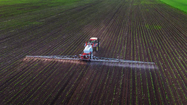 Tractor spraying field at spring