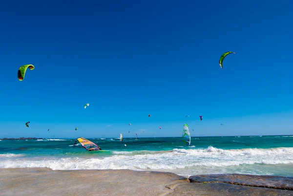 Windsurfing and kite surfing in Antantic ocean