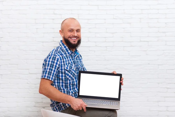 Casual Bearded Business Man Sitting Hold Laptop Computer Empty Screen Copy Space