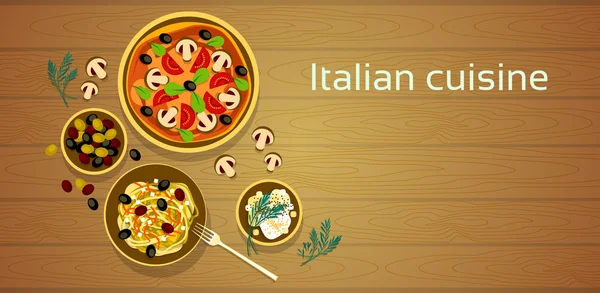 Italian Cuisine, Traditional Food Pizza Pasta Set Wooden Texture Background