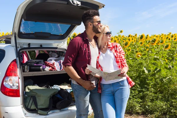 Couple looking road map standing sunflowers field outdoor