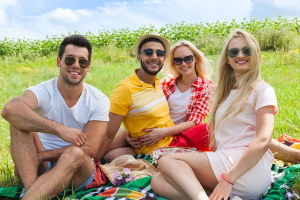 Friends picnic people group sitting blanket outdoor green grass