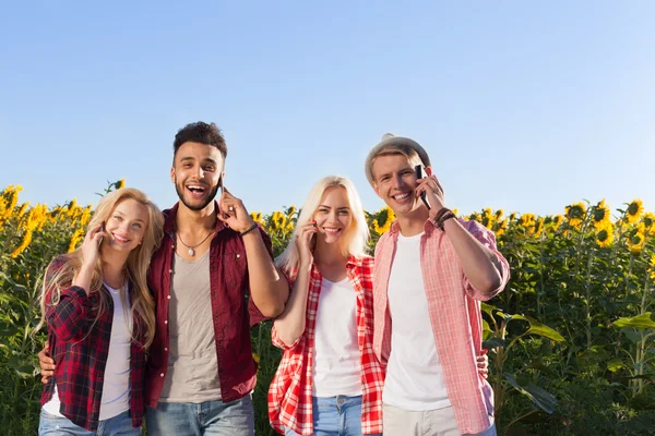 People smart phone call group friends outdoor countryside sunflowers field