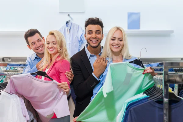 Young People Shopping, Happy Smiling Friends Two Couple Customers In Fashion Shop