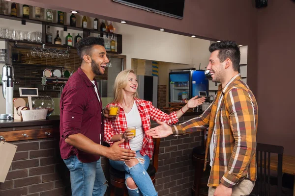 Two Man Greeting Hand Shake, Friends Meeting Hold Orange Juice Glasses, Happy Smiling