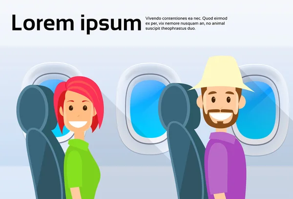 Tourist Couple Airplane Window Cartoon People Man and Woman Travel Flight