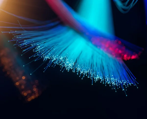 Optical fibres dinamic flying from deep on technology background