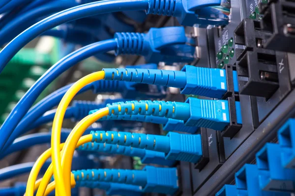 Fiber Optic cables connected to an optic ports and Network cable