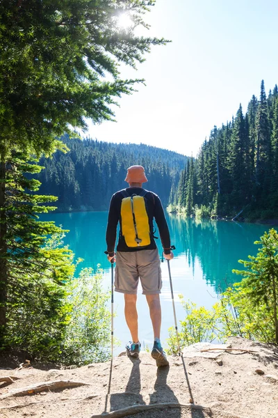 Hiking man in mountains