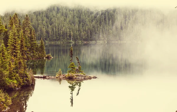 Misty mountain lake