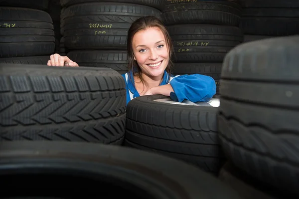 Pretty  mechanic in a store room