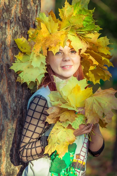 Autumn, girl, beautiful, portrait, people, happy, young, park, yellow, nature, greenery, beauty, color, red, leaves, lifestyle, season, outdoor, october, background yellow leaves, flower, wreath