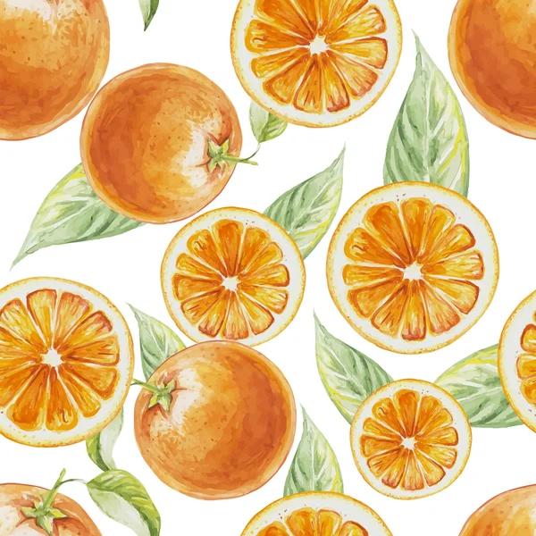 Watercolor seamless pattern of orange fruit with leafs. Vector illustration of citrus orange fruits. Eco food illustration