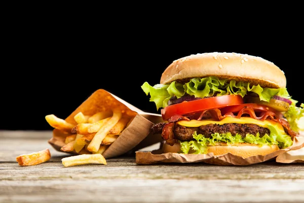 Delicious hamburger and fries