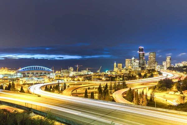 City road with cityscape and skyline of Seattle