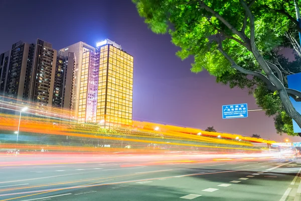 Night view of road with modern building