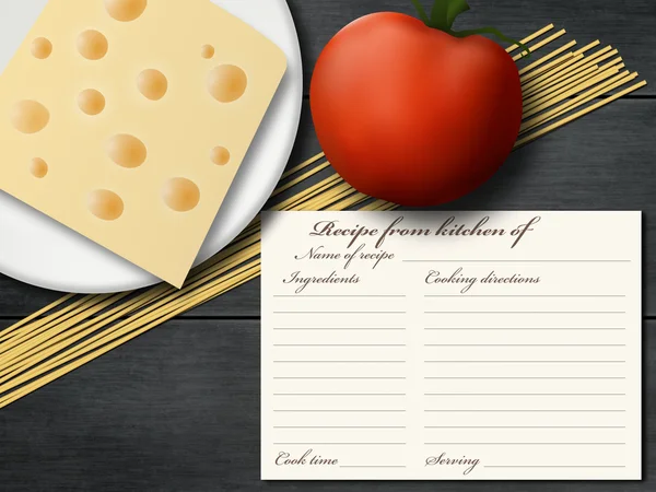 Blank recipe card, spaghetti, cheese and tomato on wooden table. Culinary background.