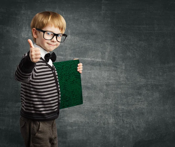 School Child in Glasses Thumbs Up, Kid Boy Hold Book, Education