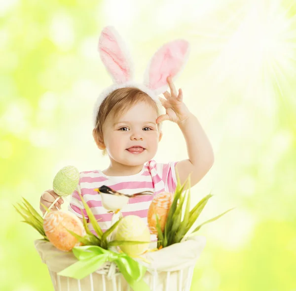 Child Girl in Bunny Ears, Basket with Eggs, Kid Rabbit Ear