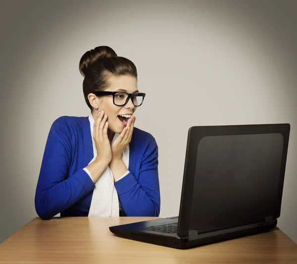 Woman on Laptop, Happy Girl in Glasses with Notebook Looking Screen