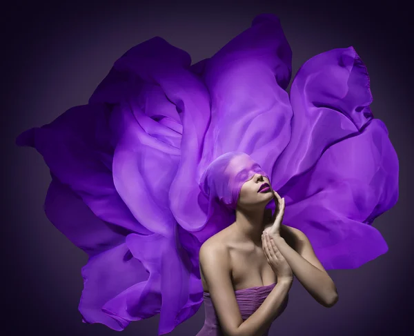 Woman Beauty Face, Silk Cloth, Fashion Model Waving Purple Flower