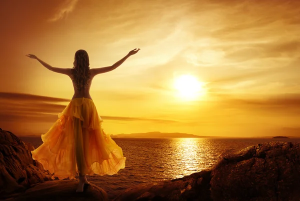 Calm Woman Meditating on Sunset, Relax Open Arms Pose