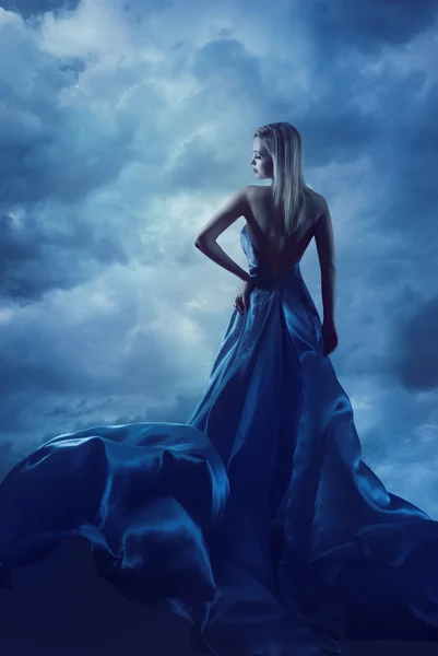 Woman Back Portrait in Evening Dress, Lady in Silk Gown, Cloth Flying over Blue Sky, Night Clouds