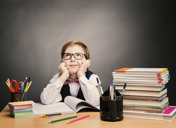 School Child Boy in Glasses Think, Kid Students Education Book and Dream