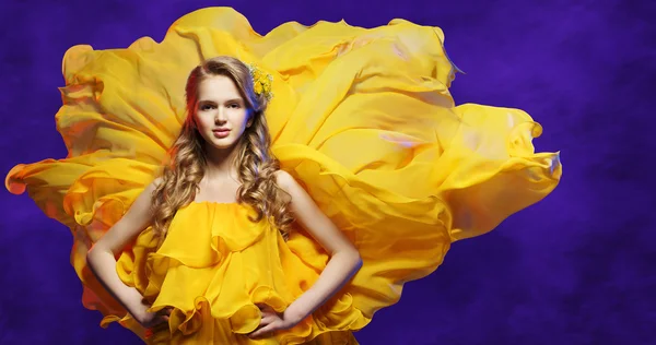 Fashion Model Girl Yellow Dress, Young Woman Posing in Flowing Fabric