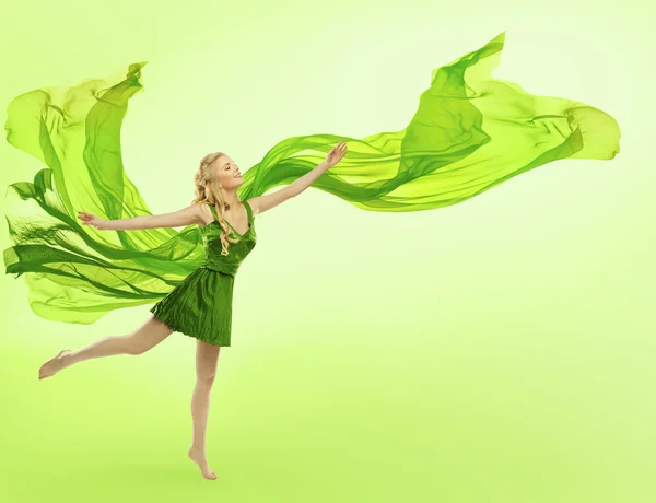 Woman Green Dress, Blowing Cloth on Wind, Silk Fabric Fly on Green