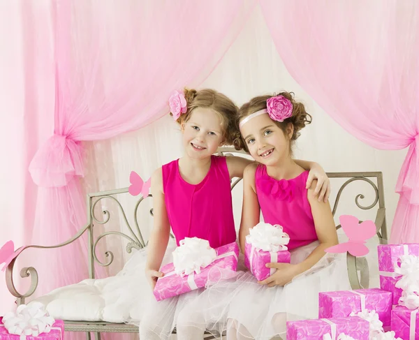 Girls Birthday, Little Kids in Retro Pink Dress, Children with Present Gift Box