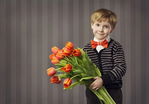 Child Boy Flowers Bouquet, Kid with Red Tulips Bunch