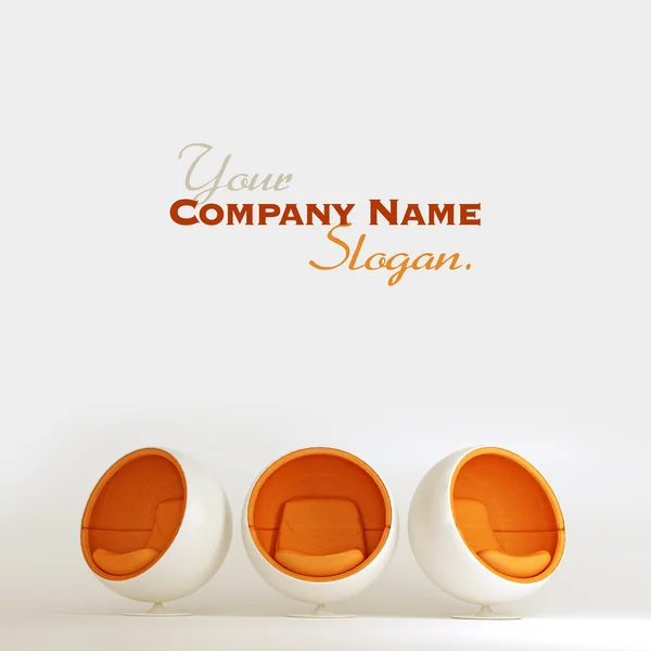 Trio of cocoon shaped white and orange chairs