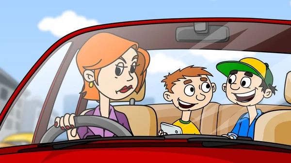 Angry woman driving the car, children sit on the backseat