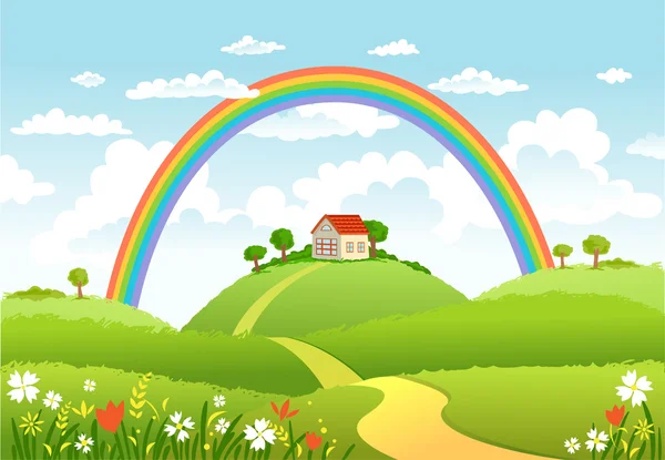 Vector illustration of beautiful landscape with rainbow.