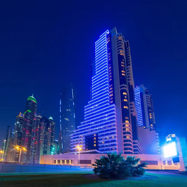 Illuminated skyscrapers of Dubai Marina at night