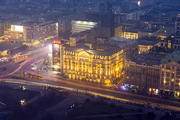 Aerial view of the city center in Warsaw at night, Poland