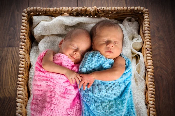 Newborn twins sleeping inside the wicker basket