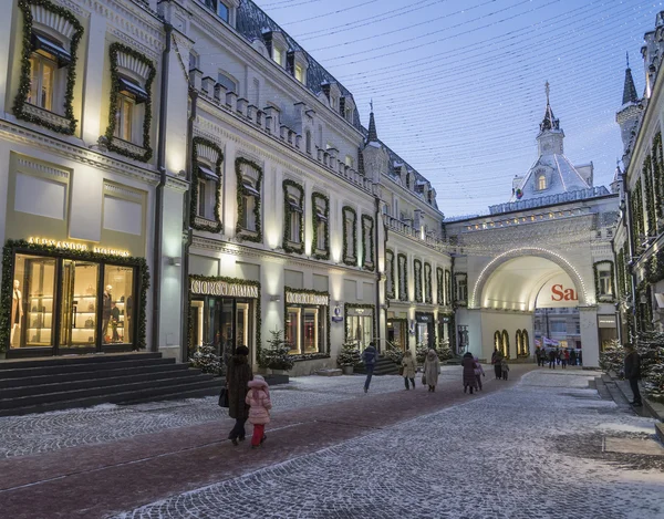 Moscow, Russia - January 17, 2015. The facades of boutiques in  Tretyakovsky passage with Christmas decorations