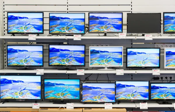 Moscow, Russia - February 02. 2016. TV in Eldorado is large chain stores selling electronics