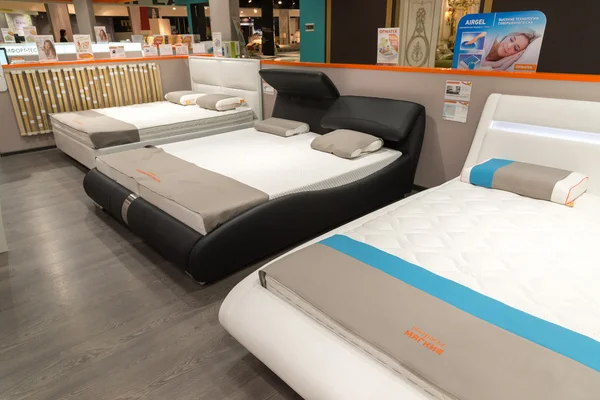 Khimki, Russia - February 13. 2016. Exhibit samples beds in Grand Furniture shopping, largest specialty shop.
