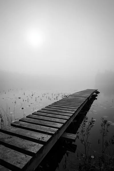 Wooden bridge in foggy scenery