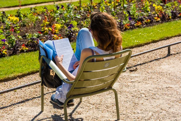 Young girl reading a book in the park