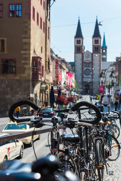 The big number of City Bicycles on the street of Wurzburg, Germa