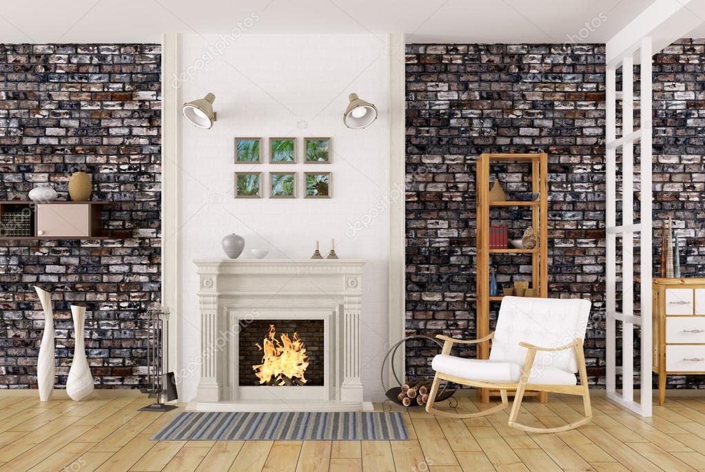 Interieur van woonkamer met open haard 3d rendering — stockfoto ... Open woonkamer haard