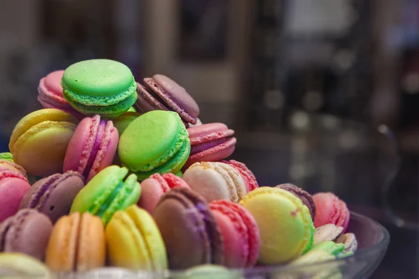 Traditional french colorful macarons in market